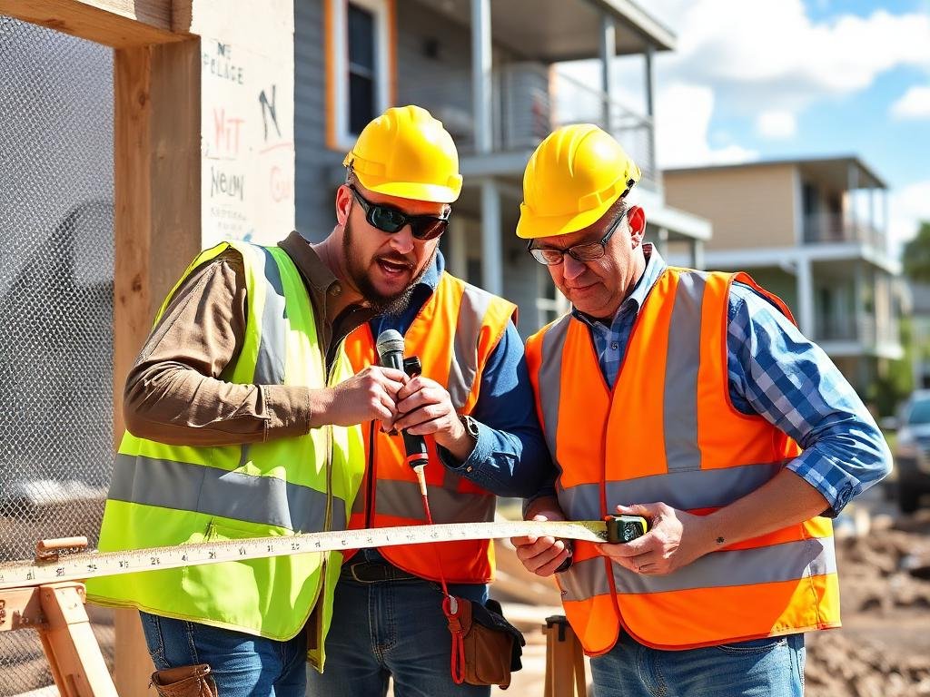 Construction workers measuring at job site