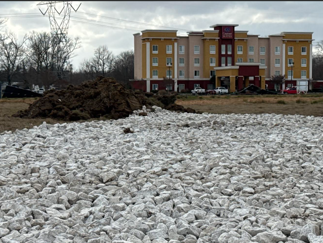 Fill dirt and gabion stone