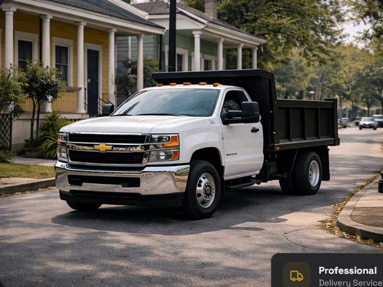 Small Chevy dump truck for tight-access material delivery in New Orleans