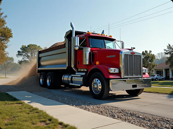Dump truck spreading gravel while driving