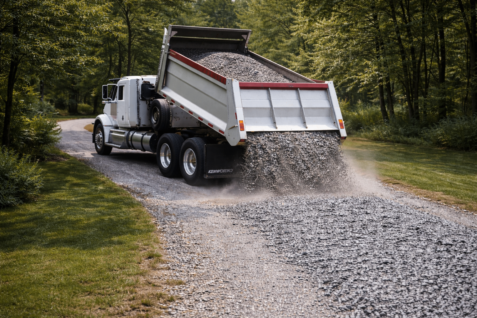 Dump truck spreading materials while driving